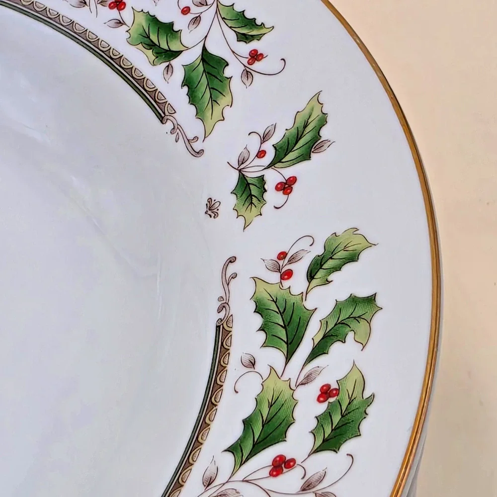 Royal Limited Holly Holiday Soup Bowl 8.25 Inch Bone China Gold Christmas Trim